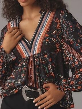 NWT Anthropology Top BI-NK Small P Stephanie Boho Peasant Floral V Embroidered